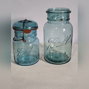 Ball Mason Jars Blue/Aqua lot of 2 PAT D July 14, 1908 pint/quart canning